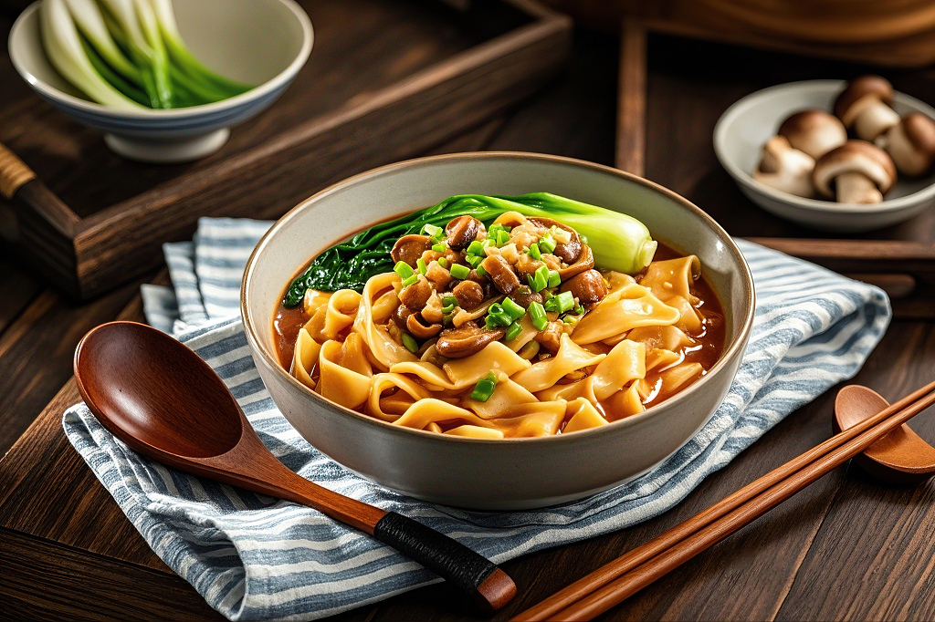 刀削面木桌上灰碗装蘑菇青菜宽面旁边有木勺和筷子	AI