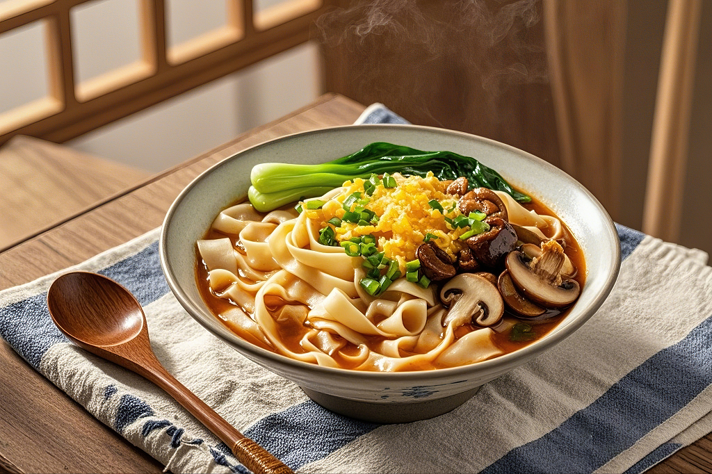 刀削面木桌上蓝白餐布上摆着热气腾腾的蘑菇青菜宽面	AI