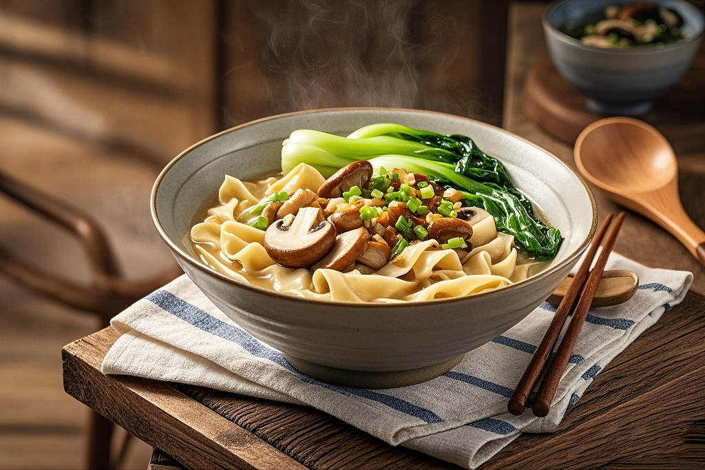 刀削面木桌上蓝白餐布上放着香气扑鼻的蘑菇青菜面	AI