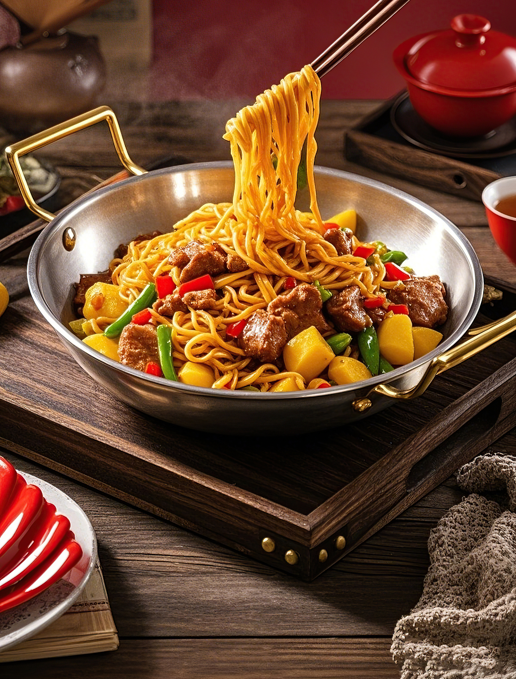 刀削面木托盘上铁锅装着筷子夹起肉炒面配肉块蔬菜AI