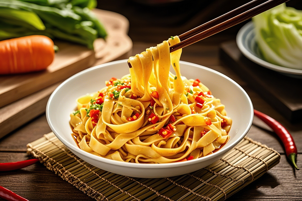 红油宽面扯面拌面美食筷子夹起白碗中点缀着红绿辣椒的爽口宽面刀削面	AI