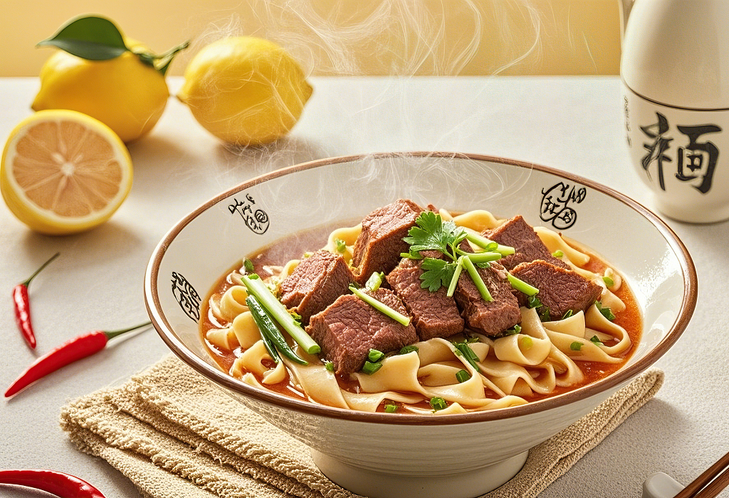 白碗里热气腾腾的牛肉面配柠檬和红辣椒刀削面	AI