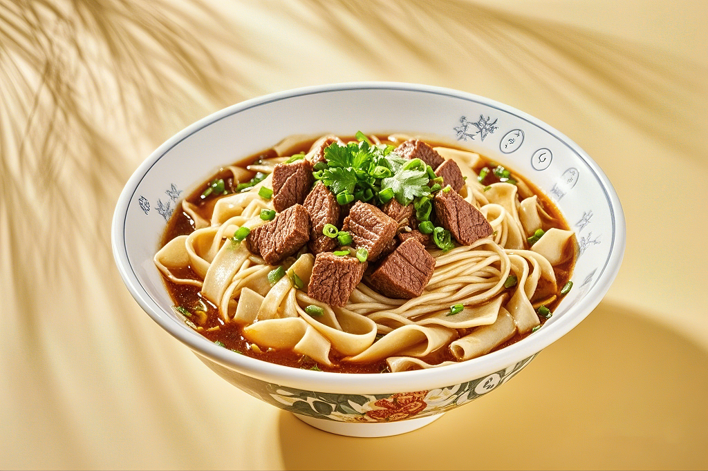 花纹瓷碗中摆放着色泽诱人的红烧牛肉面刀削面	AI