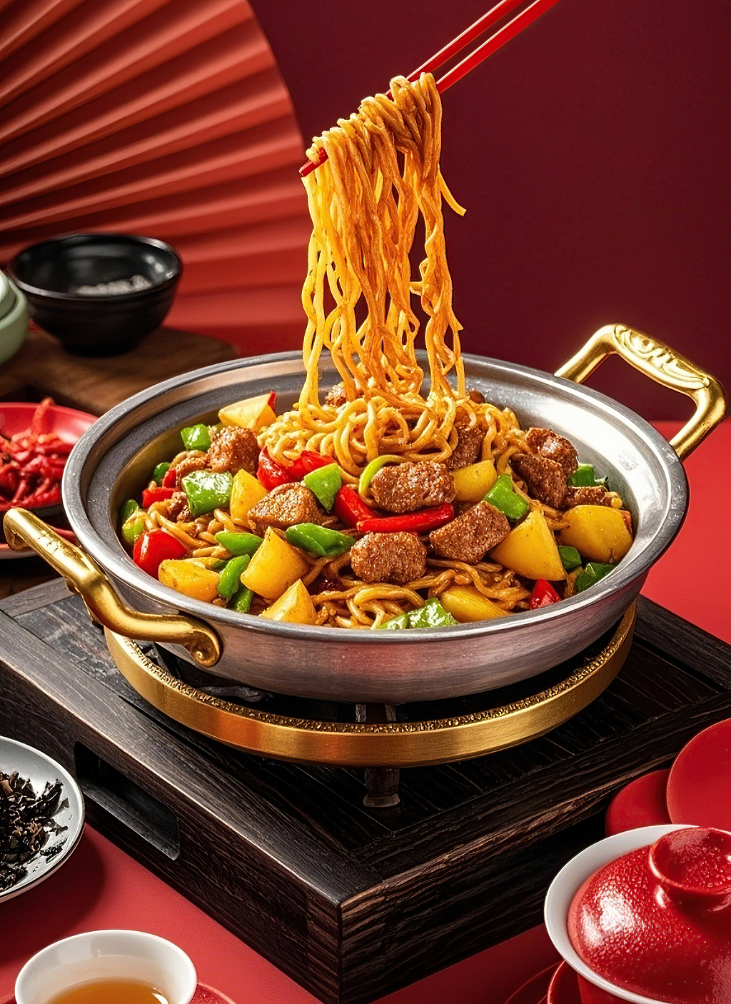 红底桌面上铁锅中筷子夹起牛肉蔬菜炒面	AI