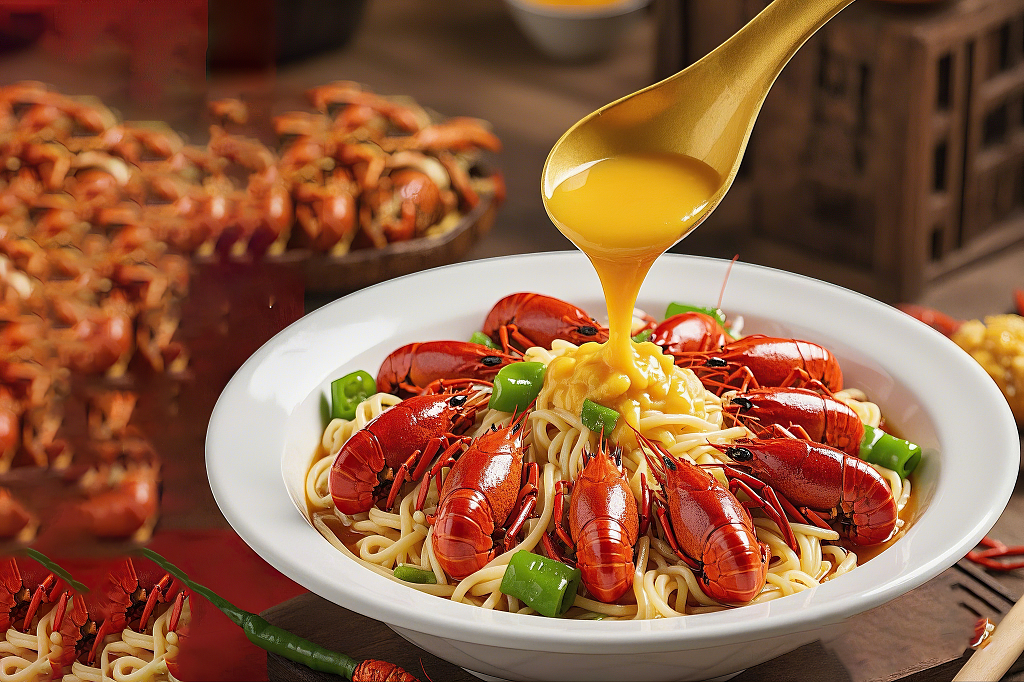 白色碗里小龙虾和面条被浇上金黄汤汁超诱人龙虾面	AI