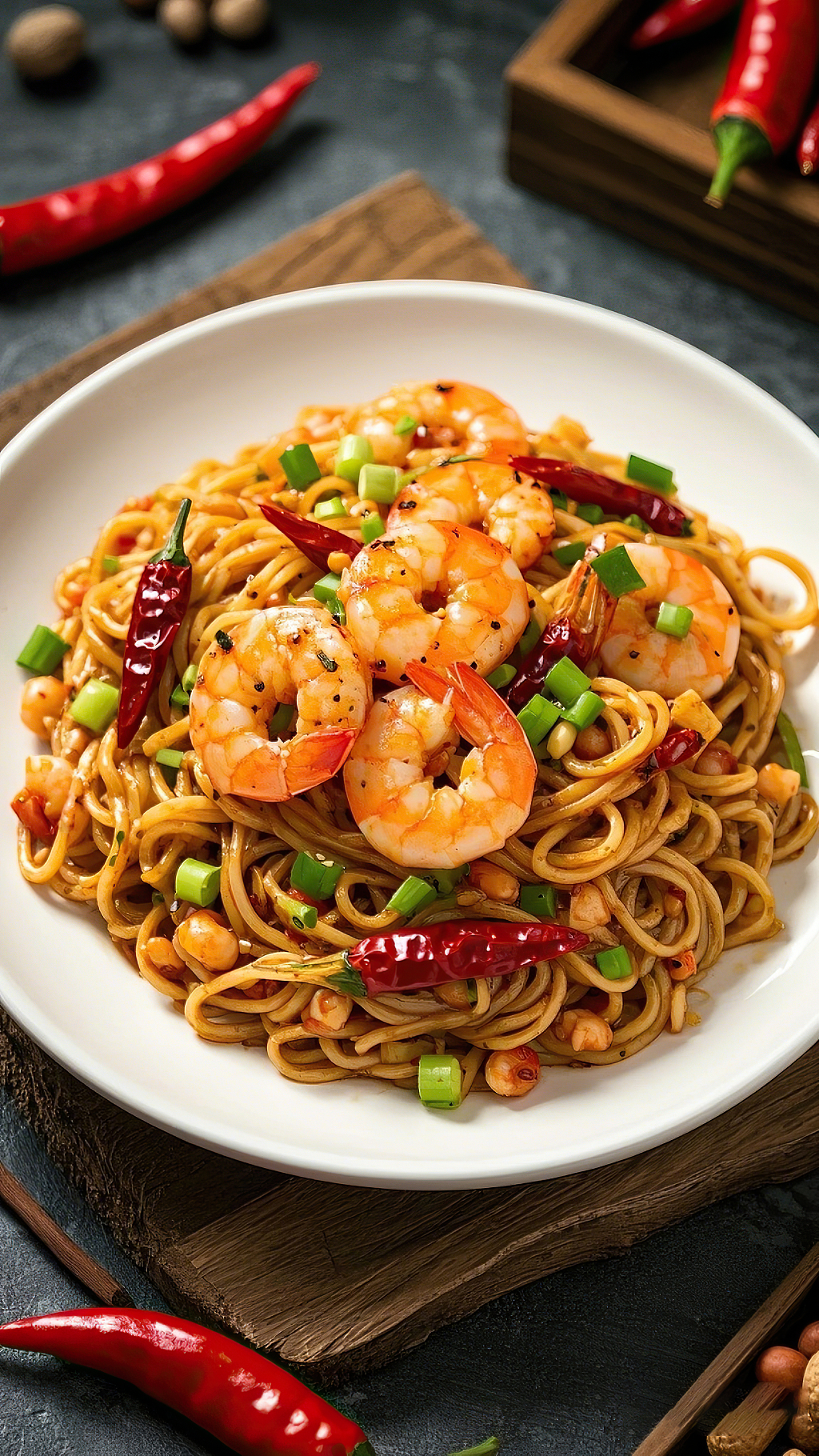 白色盘子盛着虾仁葱花辣椒搭配的美味炒面龙虾面	AI