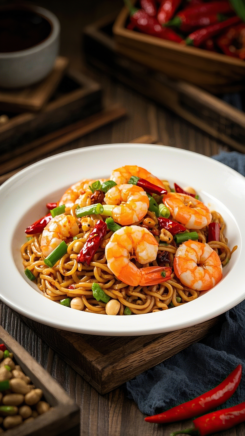 白色盘子里有虾仁葱花辣椒组合的可口炒面龙虾面	AI