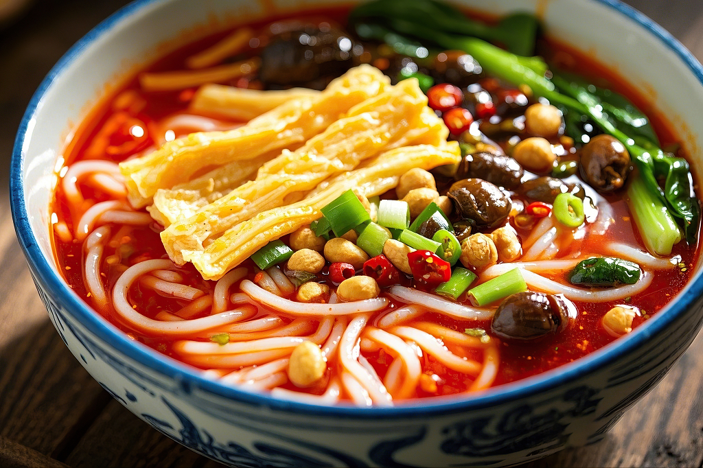 广西特色美食螺蛳粉蓝白花纹碗中装着有腐竹木耳青菜的红色米线螺蛳粉	AI