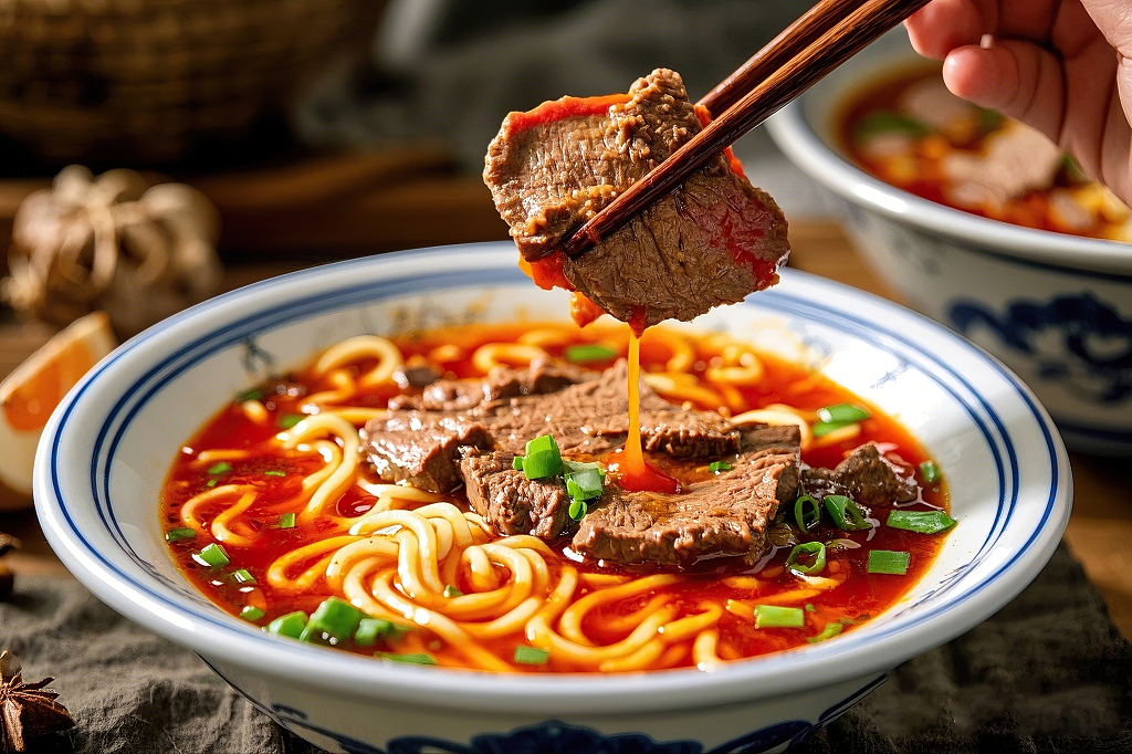 红烧牛肉面美食面食筷子夹起蓝白花纹碗中大块牛肉的红色汤汁面条牛肉面	AI