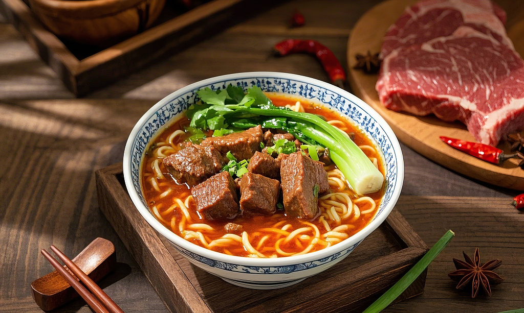 红烧牛肉面美食面食蓝白花纹碗内摆放着牛肉青菜的香气四溢牛肉面	AI