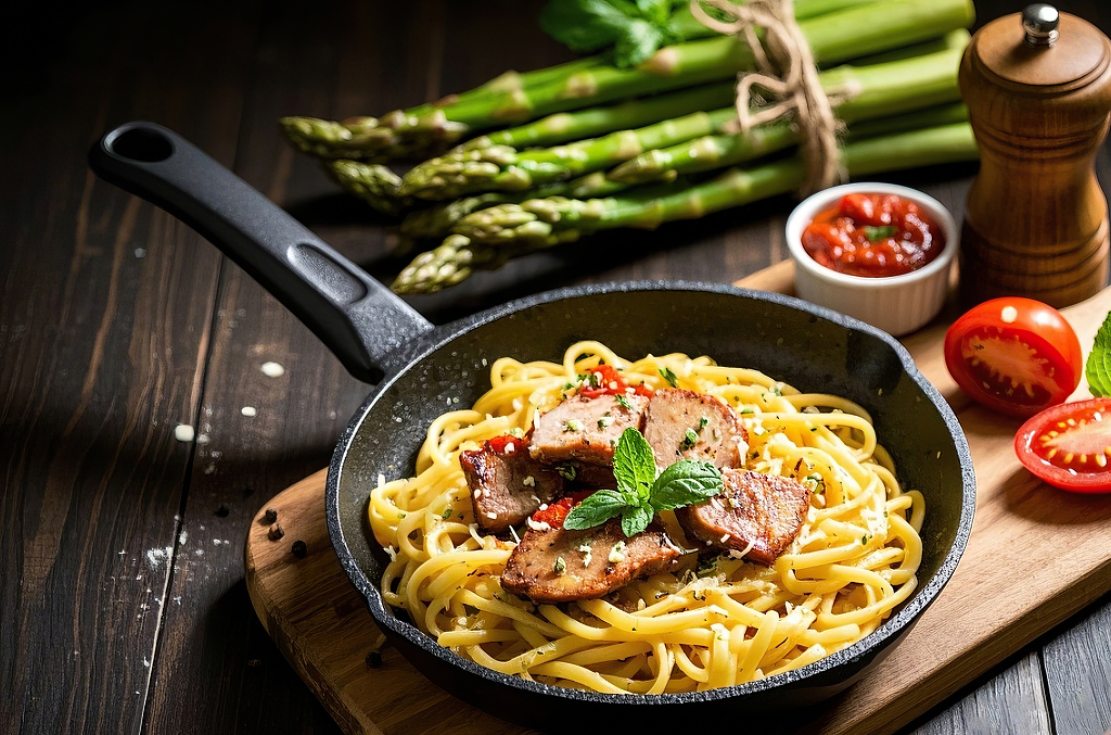 黑色平底锅里意大利面搭配牛肉和新鲜薄荷叶	AI