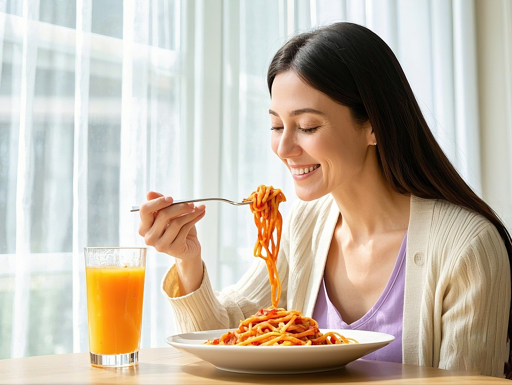 窗边女子手持叉子开心享用美味番茄意面	AI