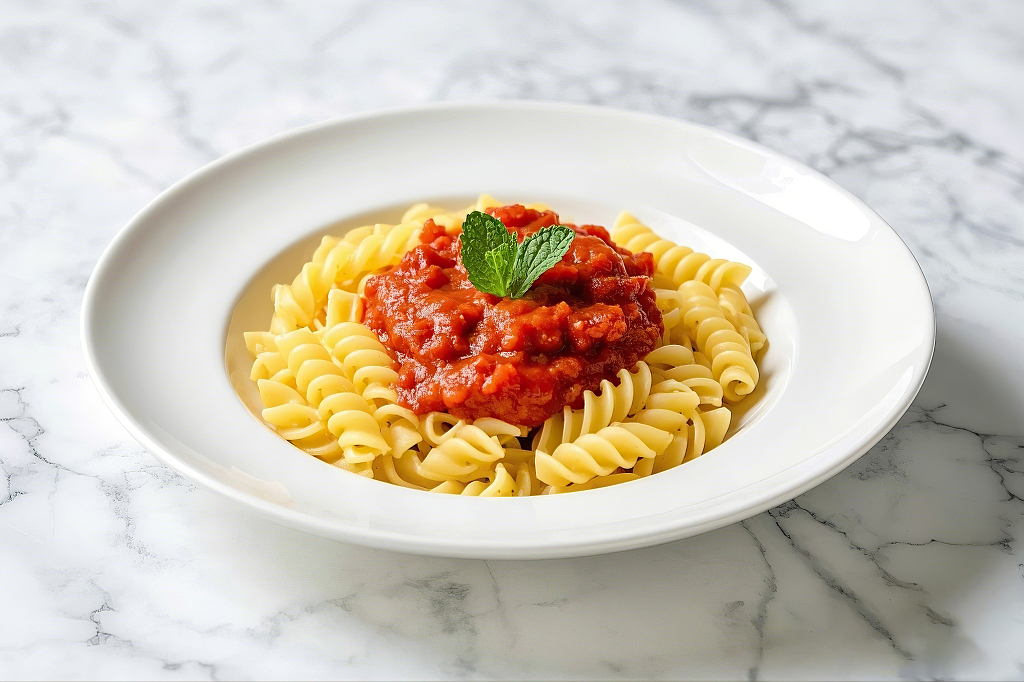 白色碗里螺旋意面搭配香甜番茄肉酱和薄荷叶	AI