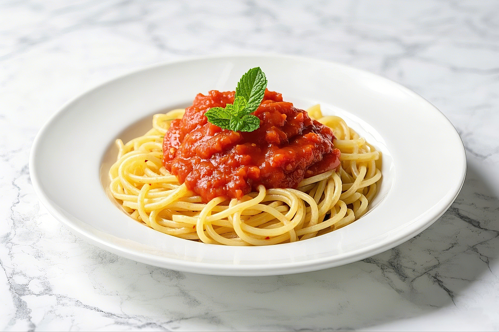 白色碗中意大利面与浓郁番茄肉酱和薄荷叶组合	AI