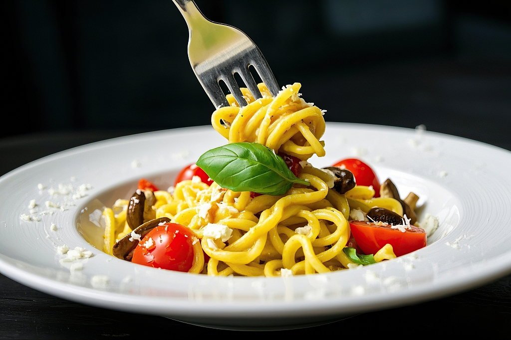 白色盘子里叉子挑起配樱桃番茄蘑菇的美味意面	AI