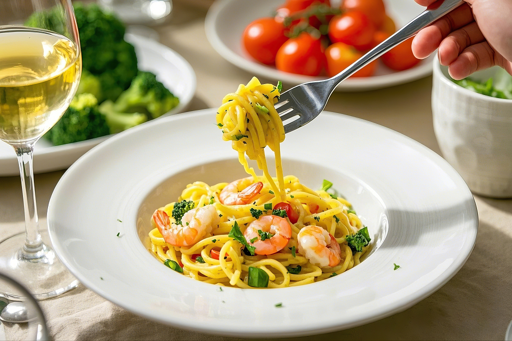 白色盘子中叉子挑起有虾仁西兰花的美味意大利面	AI