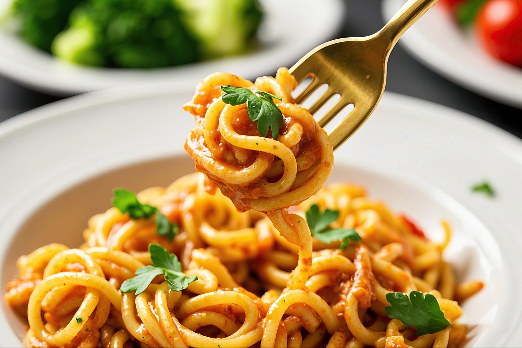 金色叉子挑起裹满酱汁和欧芹的螺旋意大利面	AI