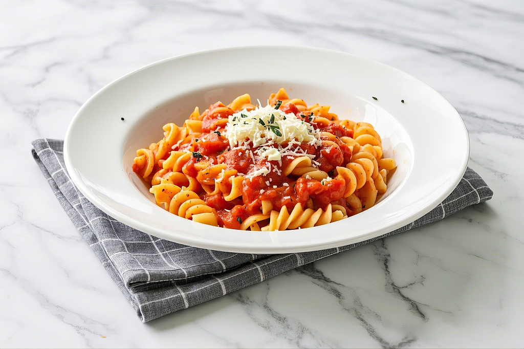 白色大理石台面上放着配番茄肉酱和奶酪的螺旋面	AI