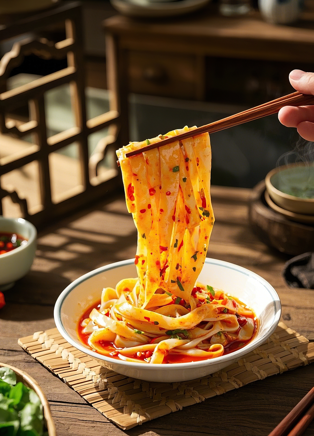 在古色古香环境中筷子夹起带调料的诱人宽面	AI