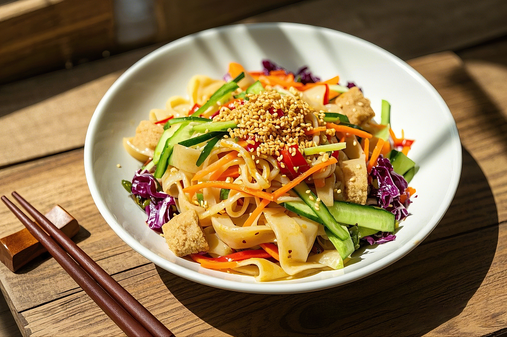 拌凉皮美食白色碗中凉皮搭配多种蔬菜和芝麻的美味组合	AI