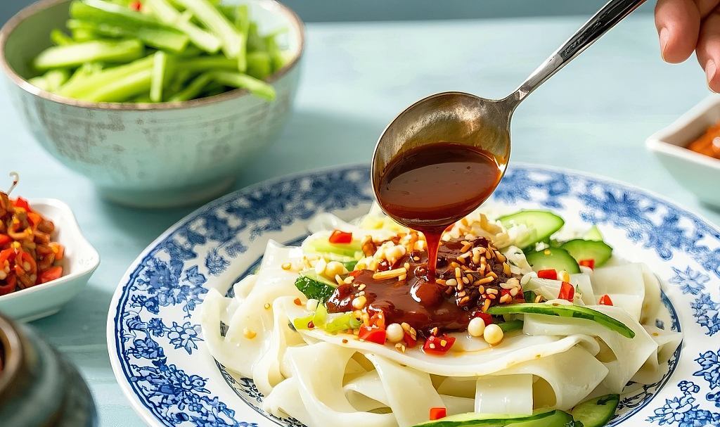 浅蓝色背景中勺子给凉皮淋上红棕色美味酱汁	AI