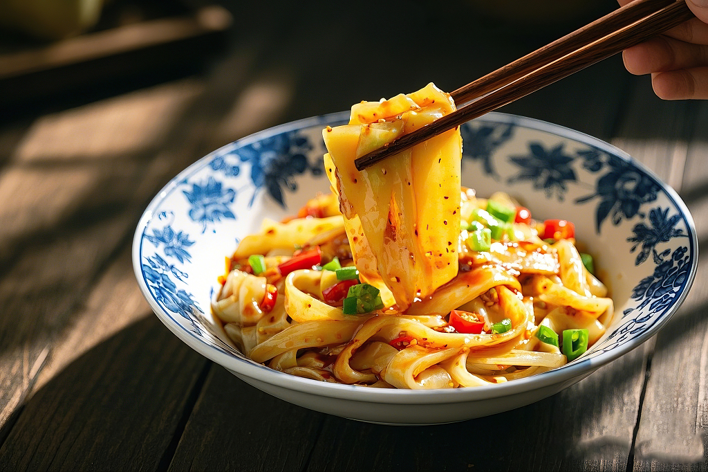 拌凉皮美食蓝白花纹碗中筷子夹起香辣入味的特色宽面条凉皮	AI