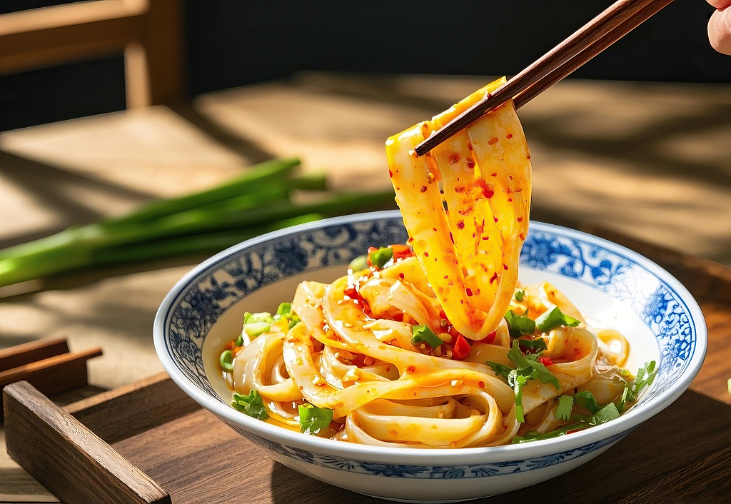 拌凉皮美食蓝白花纹碗内筷子夹起香辣可口的美味凉皮AI