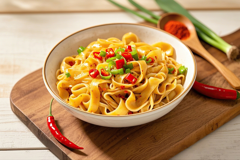 宽面面条美食面食木制砧板上白色碗里放着撒有辣椒葱花的劲道面条	AI