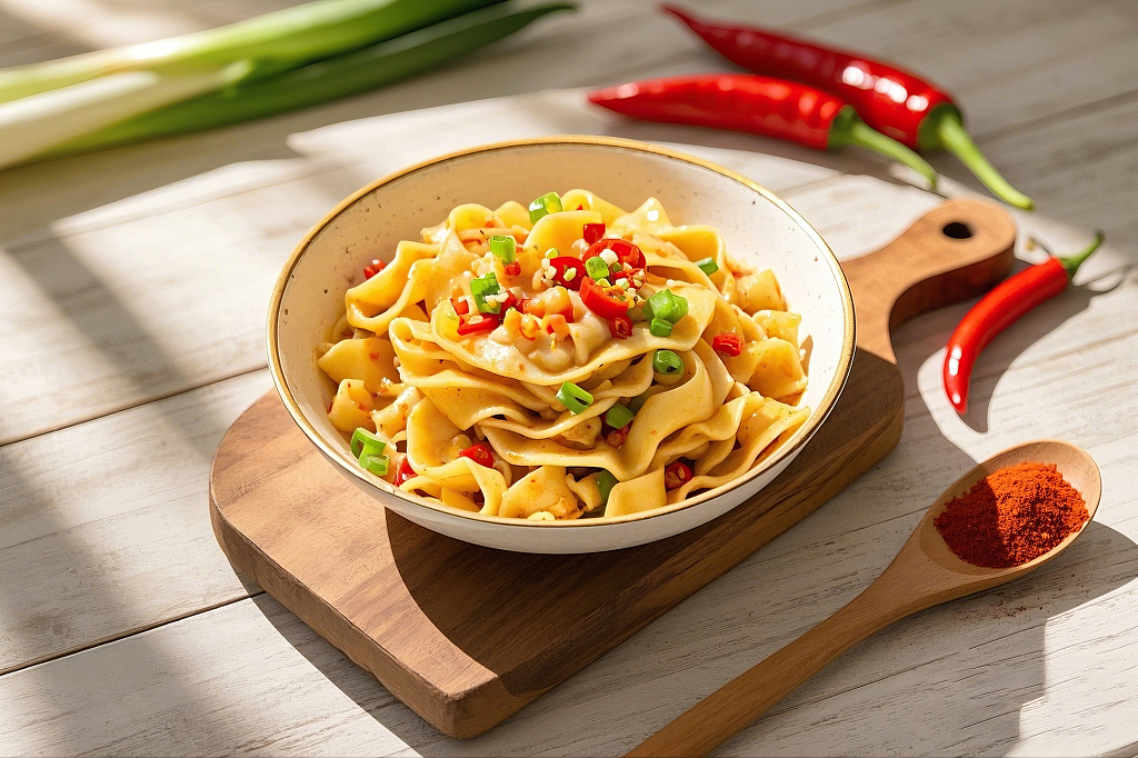 宽面面条美食面食浅色木桌上白色碗中装着点缀辣椒葱花的美味面条	AI