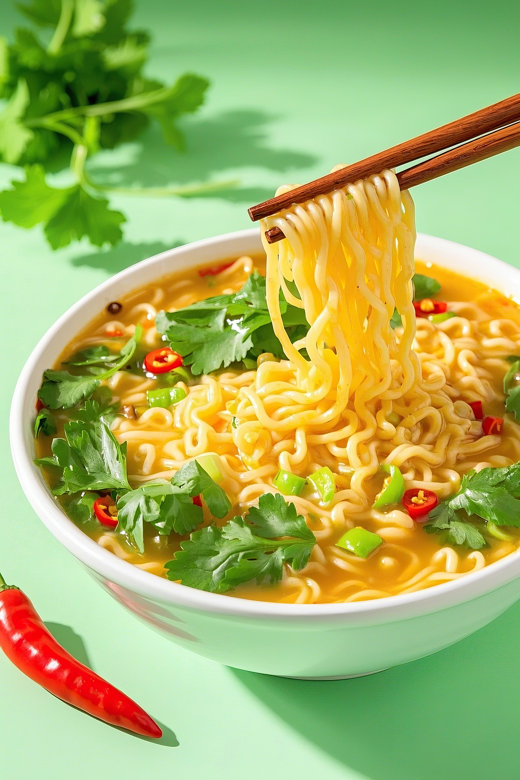 香菜面条方便面美食筷子夹起绿色背景碗中配辣椒香菜的美味泡面	AI