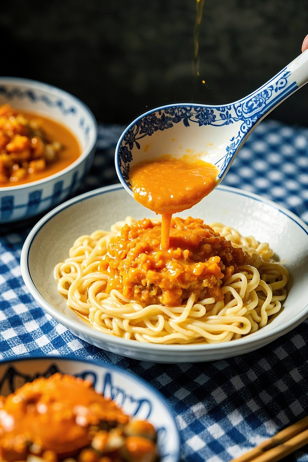 蟹黄拌面美食蓝白格子桌布上勺子正往面条浇浓郁橙色蟹酱	AI