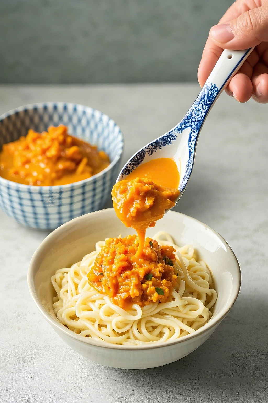 蟹黄拌面美食灰色桌面上手用蓝白花纹勺给面条淋上美味蟹酱	AI