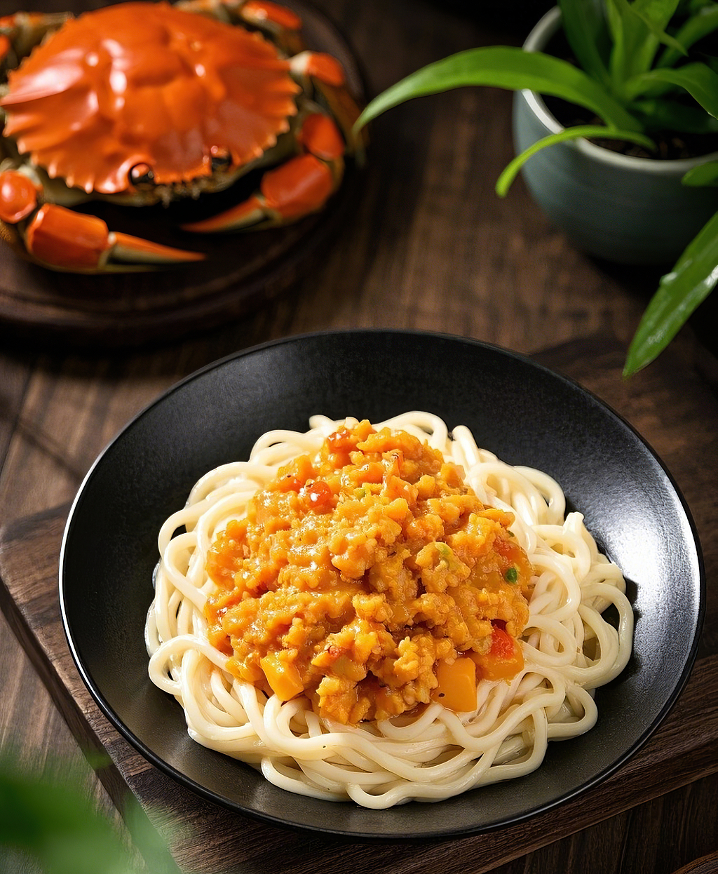 蟹黄拌面美食木桌上黑色盘内面条覆盖着诱人橙色蟹酱旁边有螃蟹	AI
