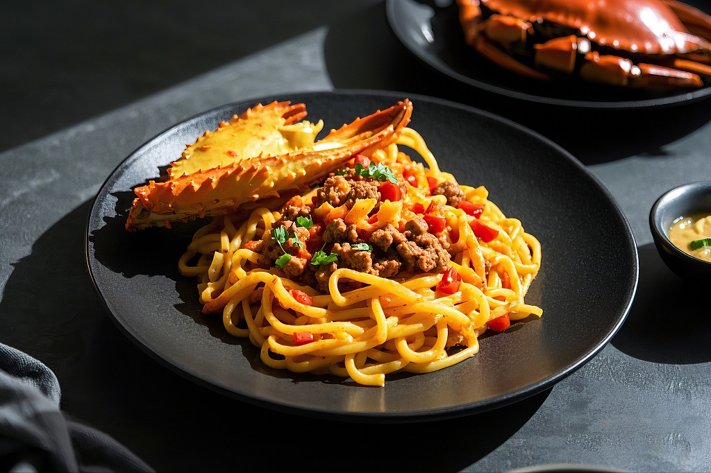 蟹黄拌面美食黑色盘里意面搭配蟹钳肉酱还有绿色点缀	AI