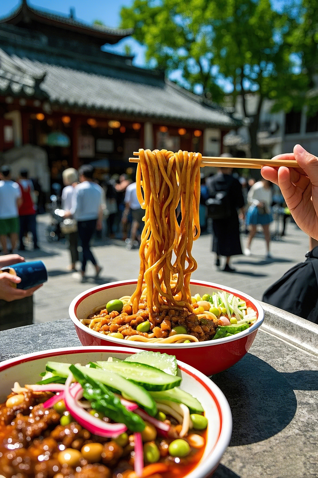 老北京炸酱面拌面美食户外古建旁筷子夹起满满酱料的诱人炸酱面	AI