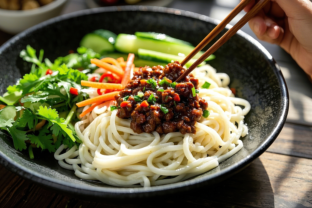 老北京炸酱面拌面美食黑色碗里炸酱面配肉酱蔬菜被筷子翻动诱人	AI