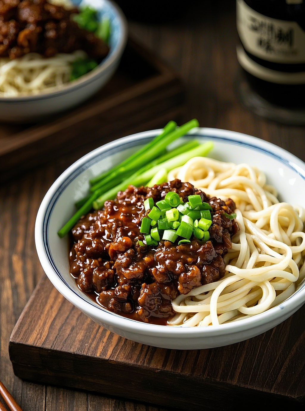 老北京炸酱面拌面美食木托盘上蓝白碗炸酱面搭配肉酱和新鲜葱段	AI