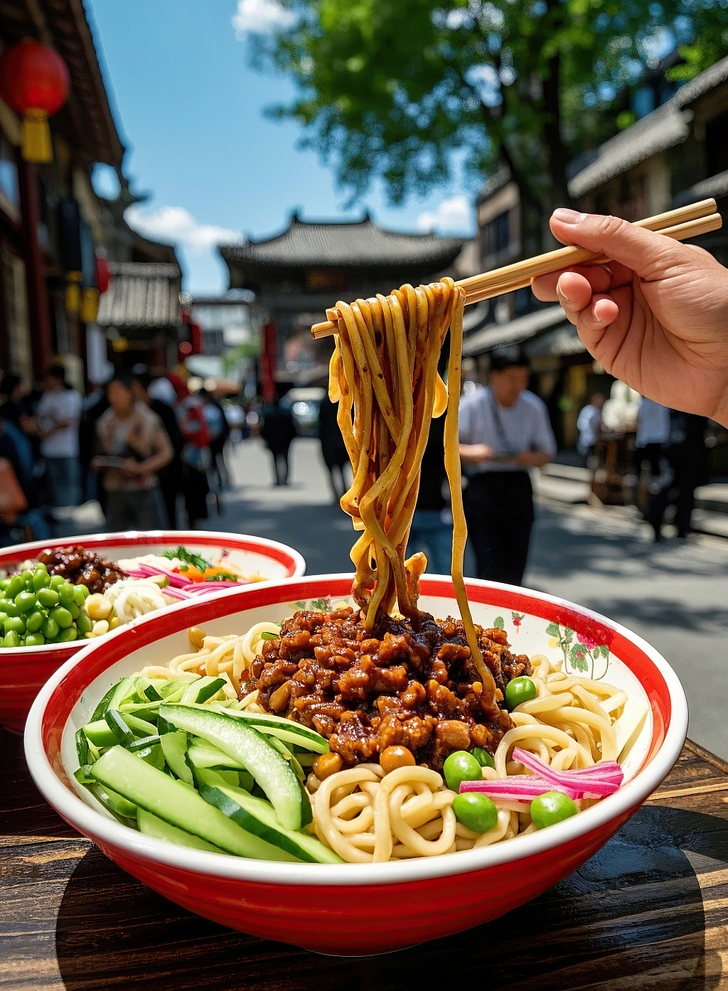 老北京炸酱面拌面美食木托盘上蓝白碗炸酱面搭配肉酱和新鲜葱段	AI