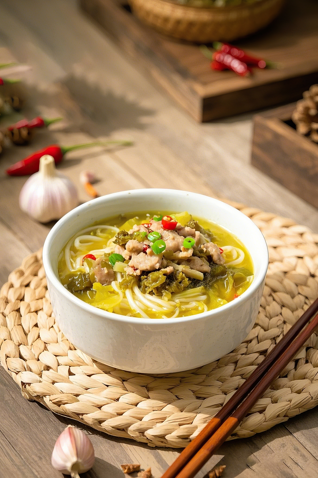 榨菜肉丝面汤面美食木桌上编织垫上白色碗里酸菜肉丝汤面	AI