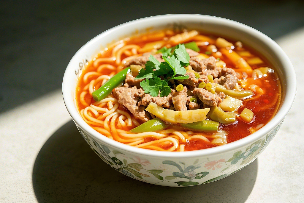 榨菜肉丝面汤面美食白色花纹碗中盛满红烧牛肉青椒的美味汤面	AI