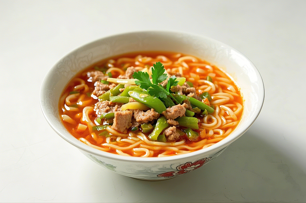 榨菜肉丝面汤面美食白色花纹碗里红烧牛肉青椒组合的美味面条肉丝面	AI