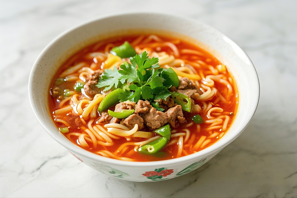 榨菜肉丝面汤面美食白色花纹碗里红烧牛肉青椒组合的美味面条	AI