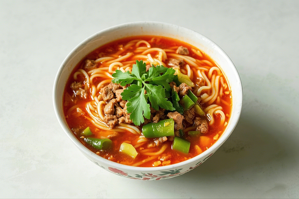 榨菜肉丝面汤面美食白色花纹碗中红烧牛肉青椒搭配的可口汤面	AI