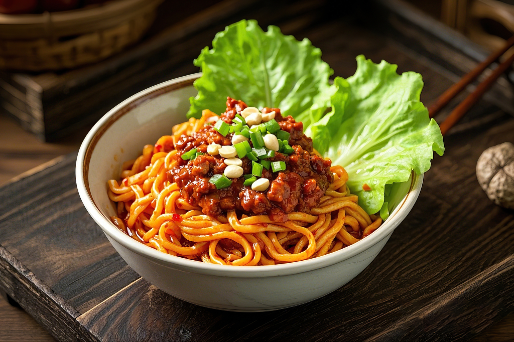 老北京炸酱面拌面美食肉酱面拌面美食木托盘上白碗肉酱面条配生菜葱花花生很诱人	AI