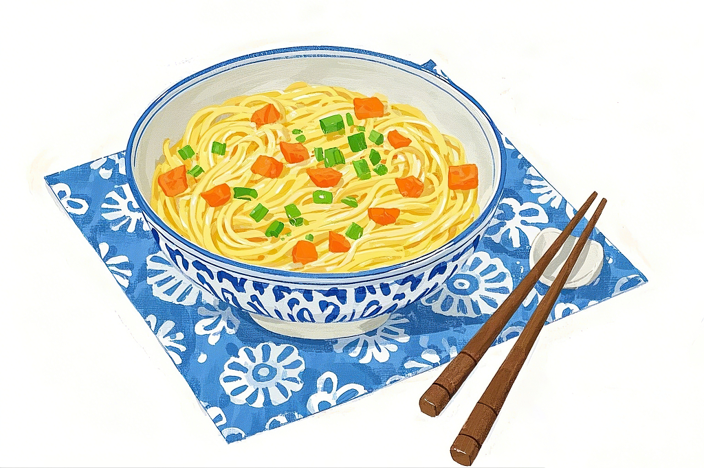 插画中蓝白碗面条配葱花胡萝卜在蓝花布上	AI