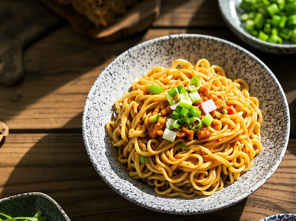 拌面美食面条木桌上灰白斑纹碗里放着葱花点缀的拌面热干面	AI