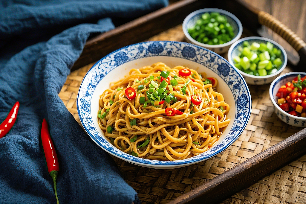 拌面美食面条蓝布和竹编托盘上蓝白碗中放着辣椒葱花拌面热干面	AI