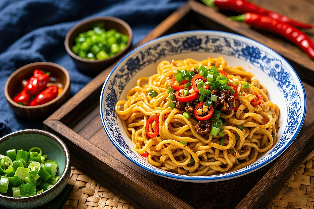 拌面美食面条蓝布和木托盘上蓝白碗里有辣椒肉酱的美味拌面热干面	AI