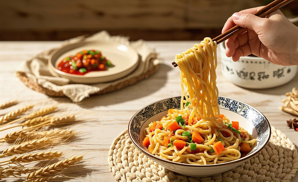 拌面美食面条木桌上编织垫上碗里筷子夹起胡萝卜葱花拌面热干面	AI