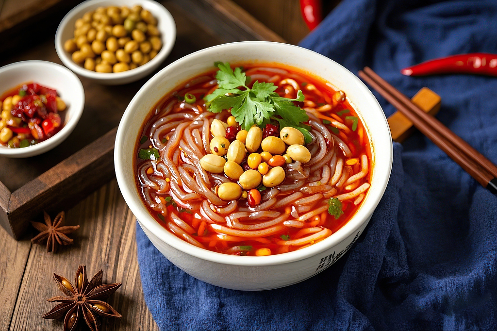 酸辣粉美食白碗中黄豆香菜点缀的色泽诱人的特色酸辣粉	AI